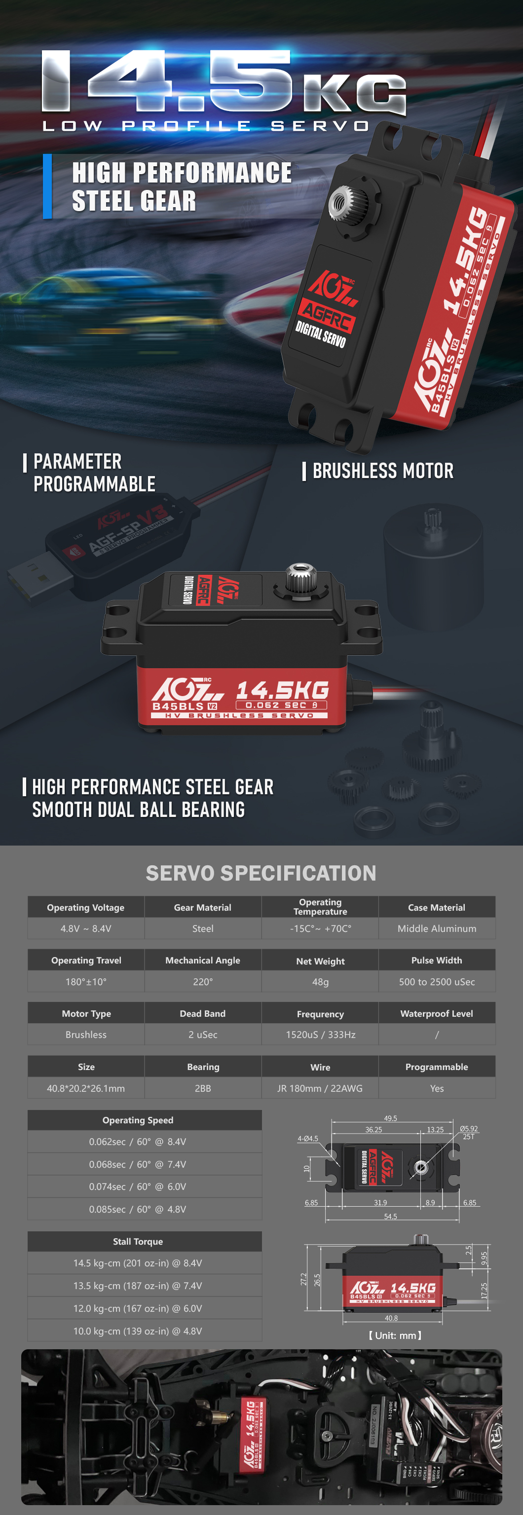 AGFRC B45BLS V2 14.5KG high-speed brushless digital RC servo with steel gears and 25T spline