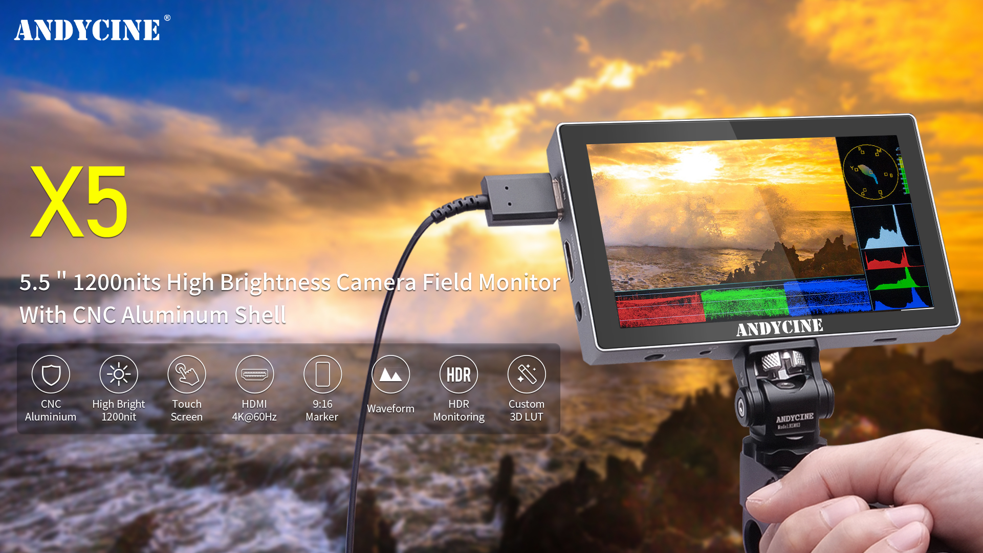 Moniteur Champ Caméra ANDYCINE X5 - 5,5", 1200 Nits, Tactile, 4K 60Hz, HDR - Batterie Incluse, Parfait Pour Photographes Et Vidéastes