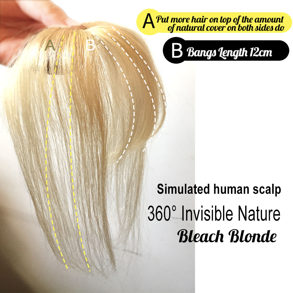 Clip in Human Hair Bangs Bleach Blonde Hair Fringe Seamless invisible Breathable Hair Topper - Clip on Hairpiece with Temples for Women Hair Bangs Topper - Clip on Hairpiece with Temples for Women