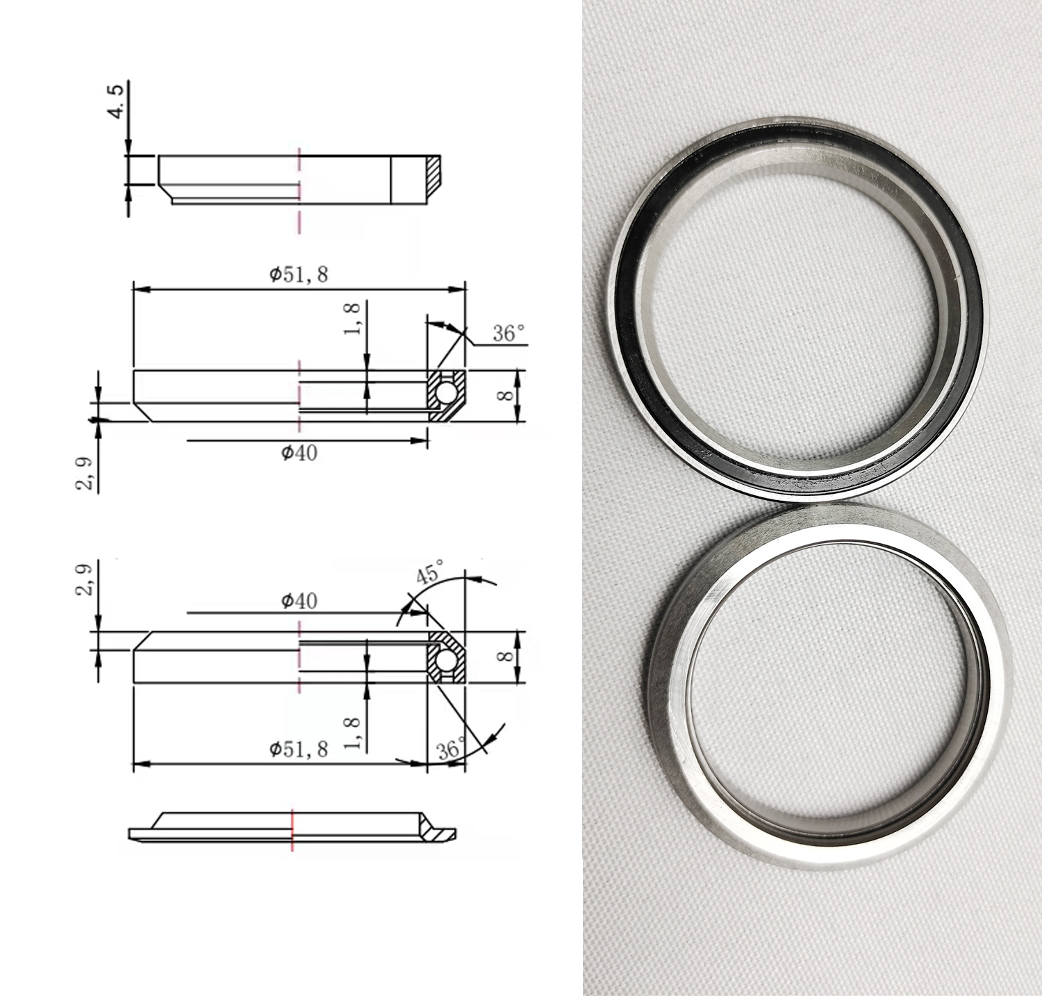 Bicycle Headset 51.8mm To Straight Tube Fork Steering Bearing Headset 1-1/2 Tapered Head Tube MTB Road Frame FSA Headset Bearing 1-1/2" 51.8mm For Inner line Road Bike Mtb Head Set