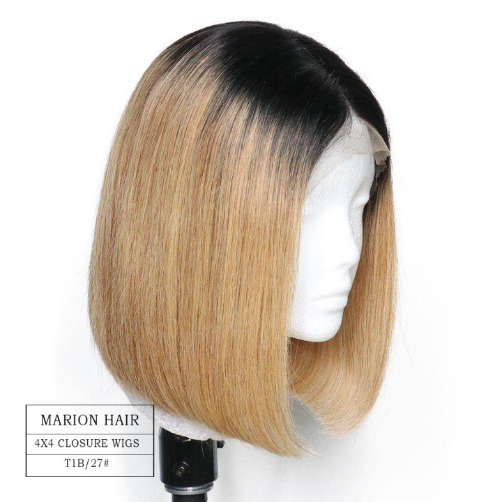 Marion Hair Wig 1B/Red Color Ombre Color Lace Closure Bob Human Hair Wigs for Women with Baby Hair  Hairline Straight Brazilain Human Hair Short Bob Wigs  Brazilian Virgin Human Hair,Human Hair Lace Closure Wigs,lace closure wig,human hair wig
