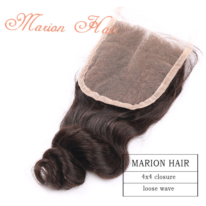MARION HAIR Brazillian Hair Loose Wave Lace Closure size 4x4 100% Human Hair Loose Wave Top Lace Closure Free Part 1B# Color  