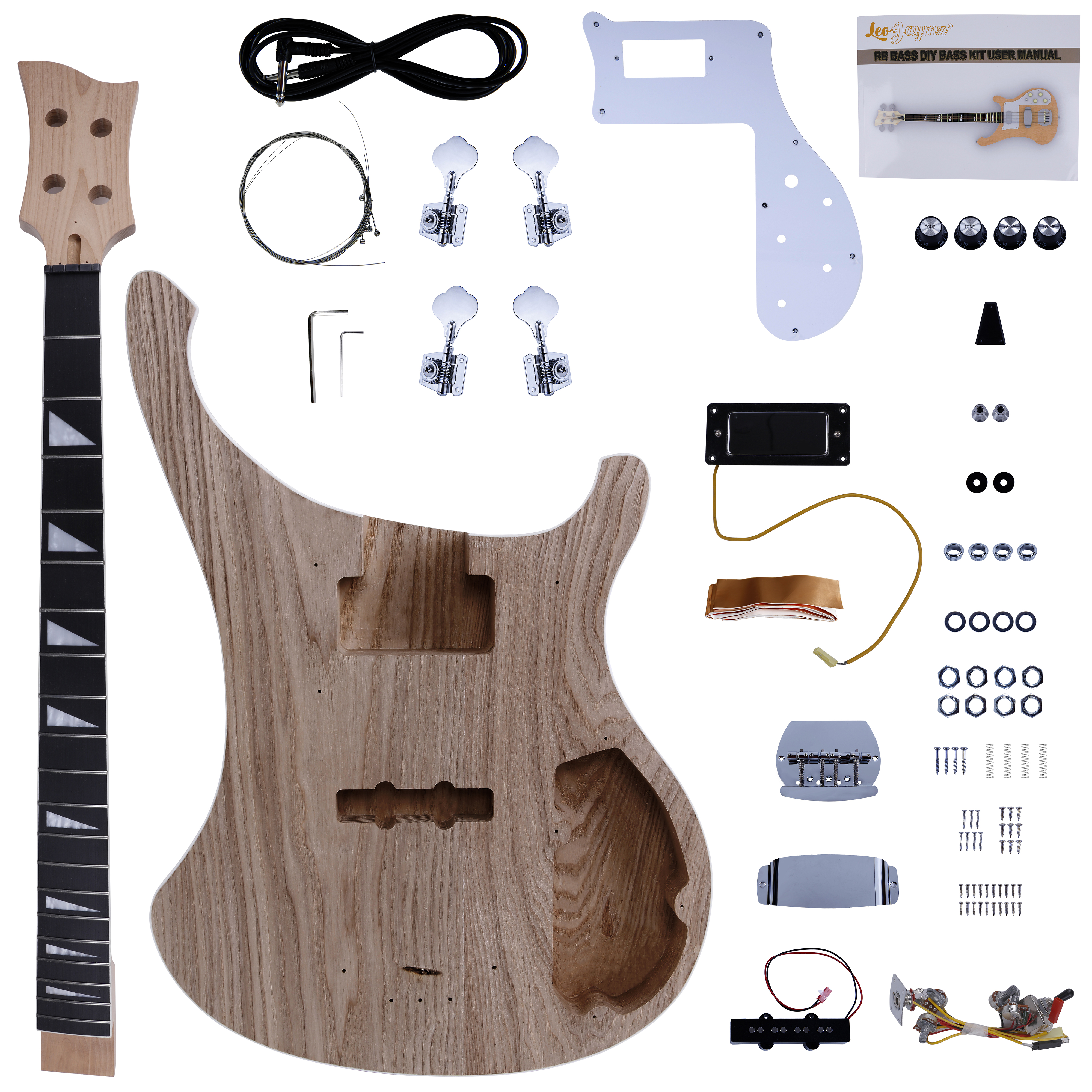 Leo Jaymz DIY Electric Bass Guitar Kits - Ash Body, Maple Neck and Ebony  Fingerboard - Fully Components Included (RB)