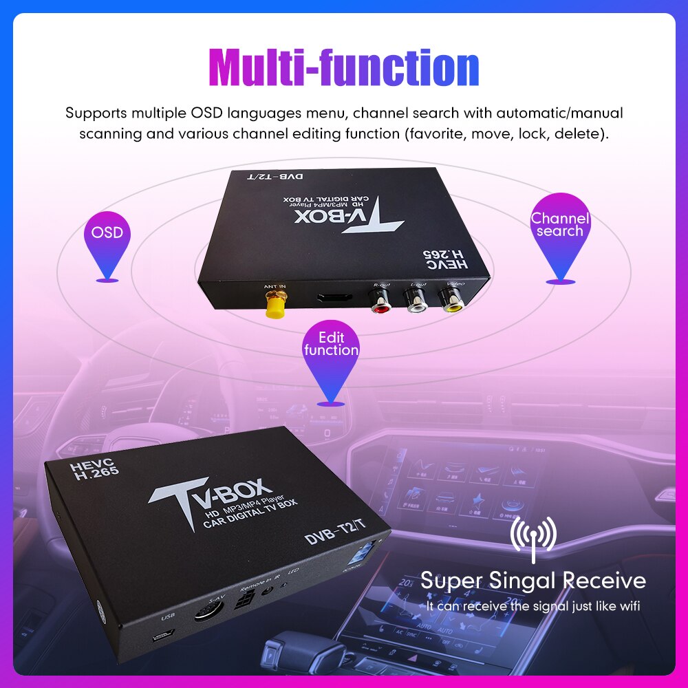 Car TV Signal Box DVB-T Auto Mobile Digital TV Box DVB-T2 HEVC H.265 Receiver TV Tuner Box Germany Europe Australia Philippines  