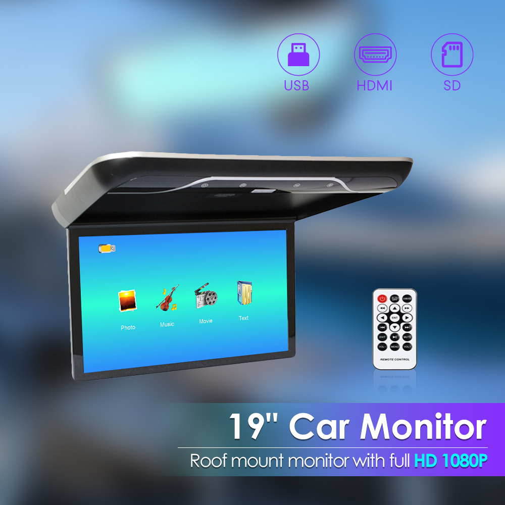 19 inch Car Roof Monitor MP5 LCD Flip Down Screen Overhead Multimedia Video Ceiling Roof MP5 Display Build in IR/FM Transmitter  