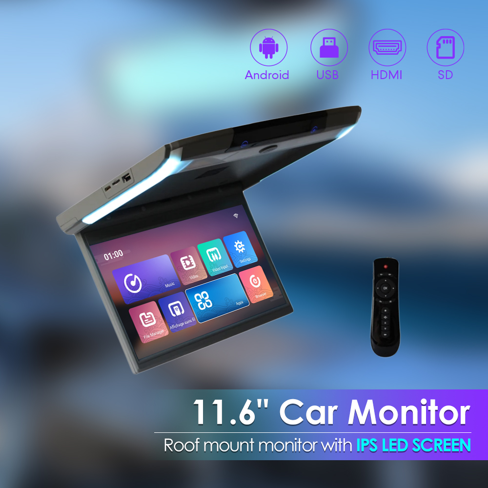 11.6 Inch Car Roof Monitor TV Flip Down 1080P Video HD Screen IPS Screen With Blue Ambient Light SD HDMI FM Android 10  