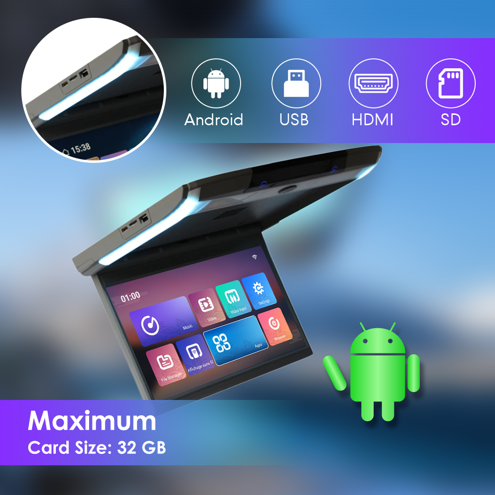11.6 Inch Car Roof Monitor TV Flip Down 1080P Video HD Screen IPS Screen With Blue Ambient Light SD HDMI FM Android 10  