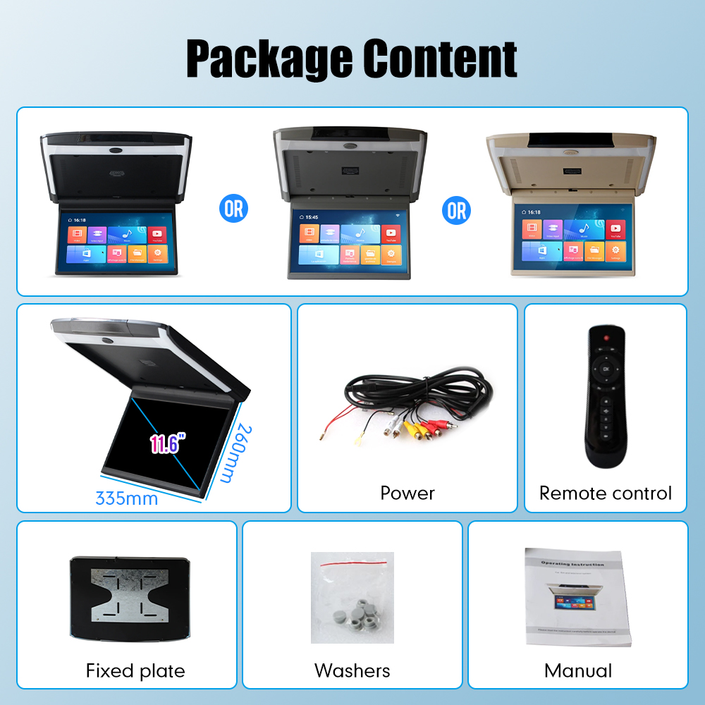 11.6 Inch Car Roof Monitor TV Flip Down 1080P Video HD Screen IPS Screen With Blue Ambient Light SD HDMI FM Android 10  