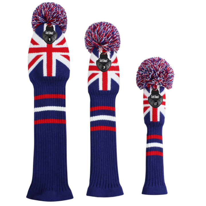 UK Flag Knit Golf Headcover Set 3 for Driver Wood, Fairway Wood, and