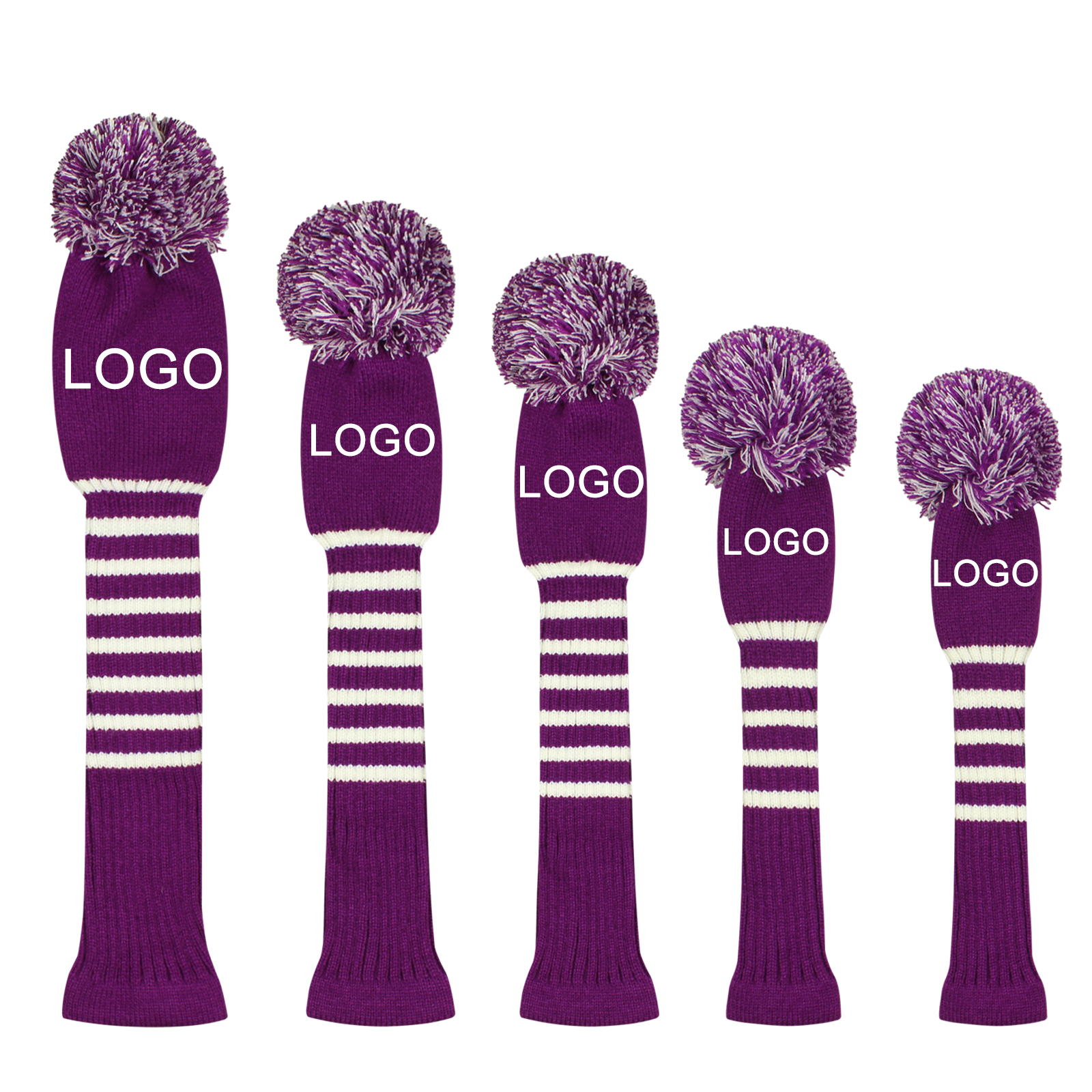 Scott Edward Custom Pom Pom Golf Head Covers Fit Max Drivers Fairways Hybrids/Utility with Rotating Number Tags (Purple)