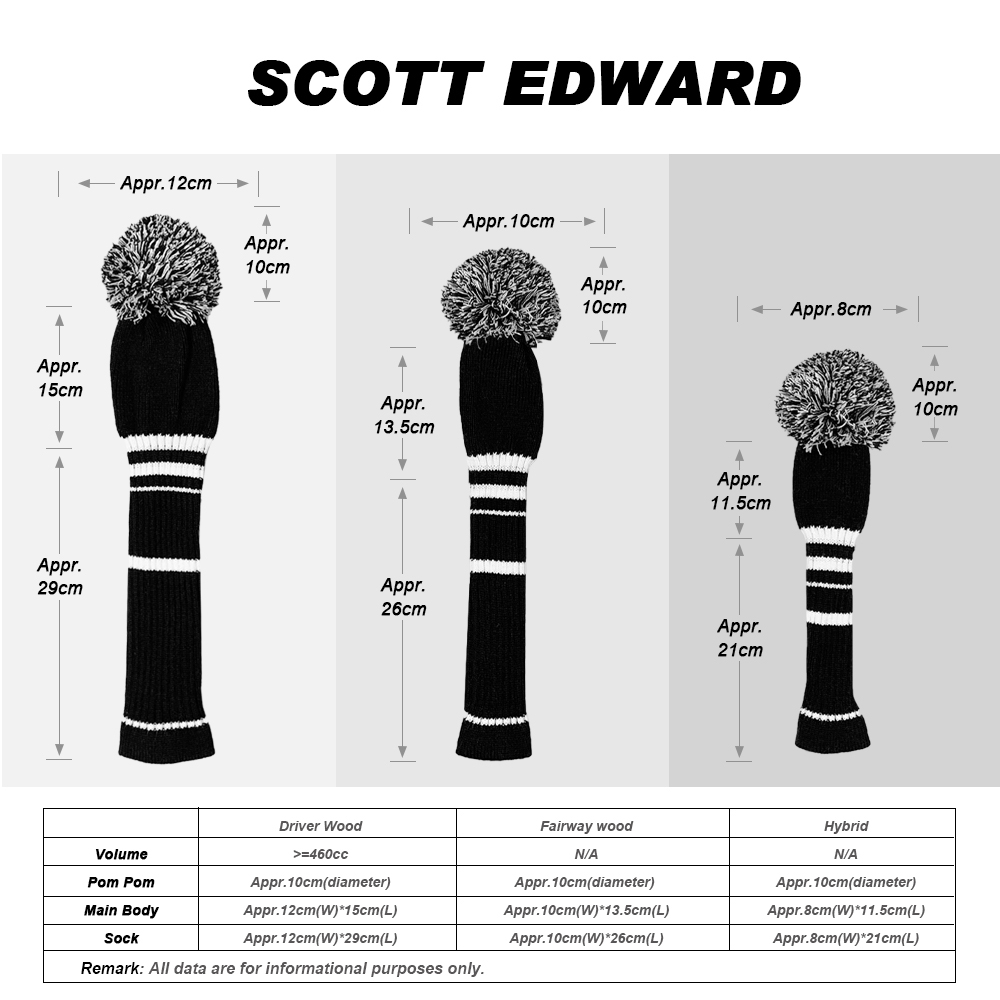Scott Edward Knit Golf Club Covers, Set of 4 for Driver Wood*1, Fairway Wood*2 and Hybrid*1(Black White Stripes)