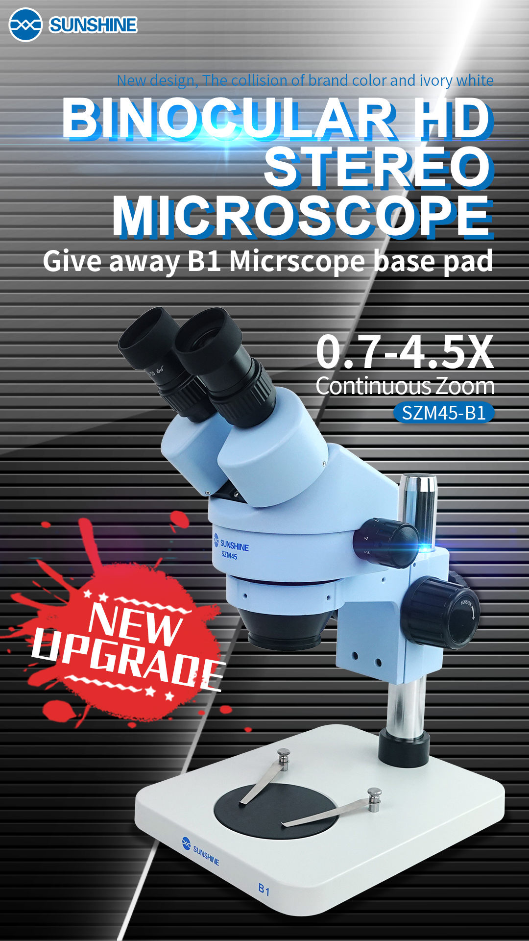 SUNSHINE SZM45-B1 7X-45X Continuous Zoom Binocular HD Stereo Microscope + B1 Microscope Base Pad SUNSHINE SZM45-B1 7X-45X Continuous Zoom Binocular HD Stereo Microscope + B1 Microscope Base Pad  
