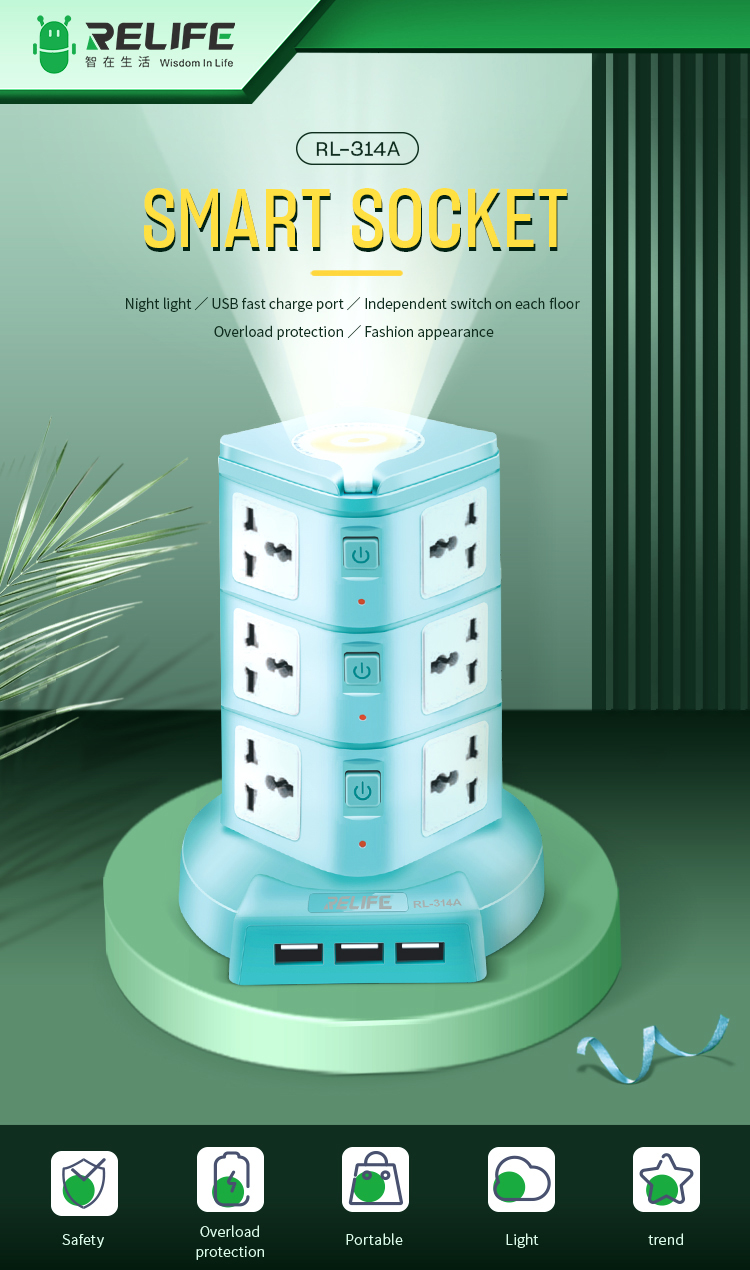 RELIFE RL-313A RL-314A RL-315A smart home Night light USB fast charge port Independent switch on each floor Overload protection Fashion appearance RELIFE RL-313A RL-314A RL-315A smart home Night light USB fast charge port Independent switch on each floor Overload protection Fashion appearance  