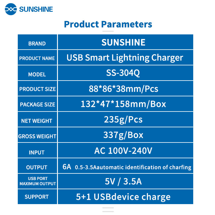 SUNHINE SS-304Q USB Smart Lightning Charger sunshine SS-304Q USB Smart Lightning Charger