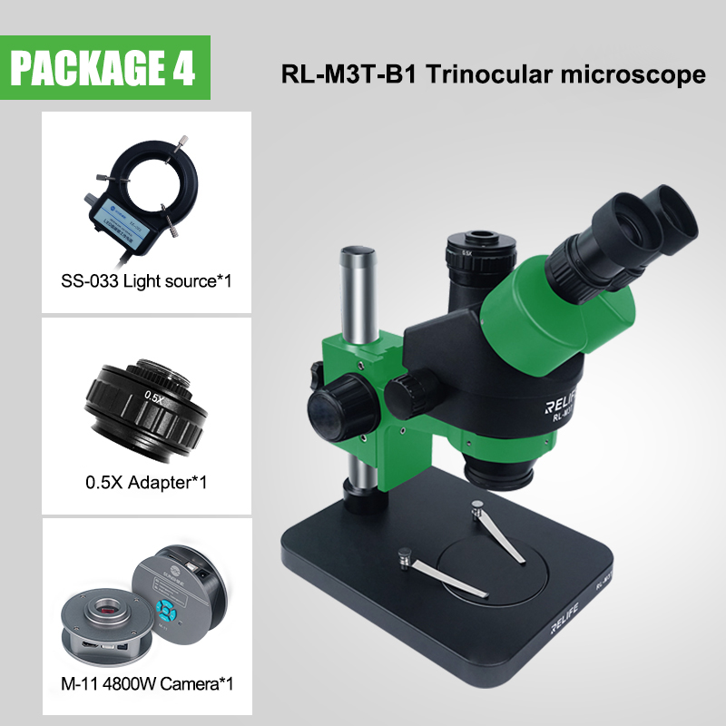 RELIFE RL-M3T-B1+ HDMI camera +0.5x Adapter + SS-033 Light Sourse 0.7-4.5x Trinocular HD Stereo Microscope RELIFE RL-M3T-B1+ HDMI camera +0.5x Adapter + SS-033 Light Sourse 0.7-4.5x Trinocular HD Stereo Microscope