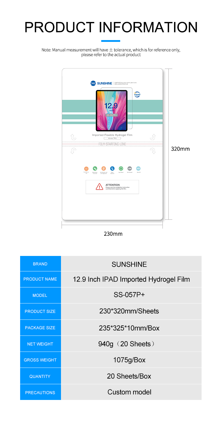 SS-057P+ IPAD tablet imported Hydrogel membrane film 230*320MM 12.9inch 20pcs/box SS-057P+ IPAD tablet imported Hydrogel membrane film 230*320MM 12.9inch